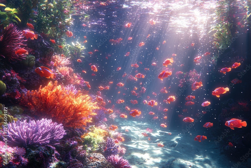 Fototapeta premium Vibrant Coral Reef With Numerous Orange Fish Swimming