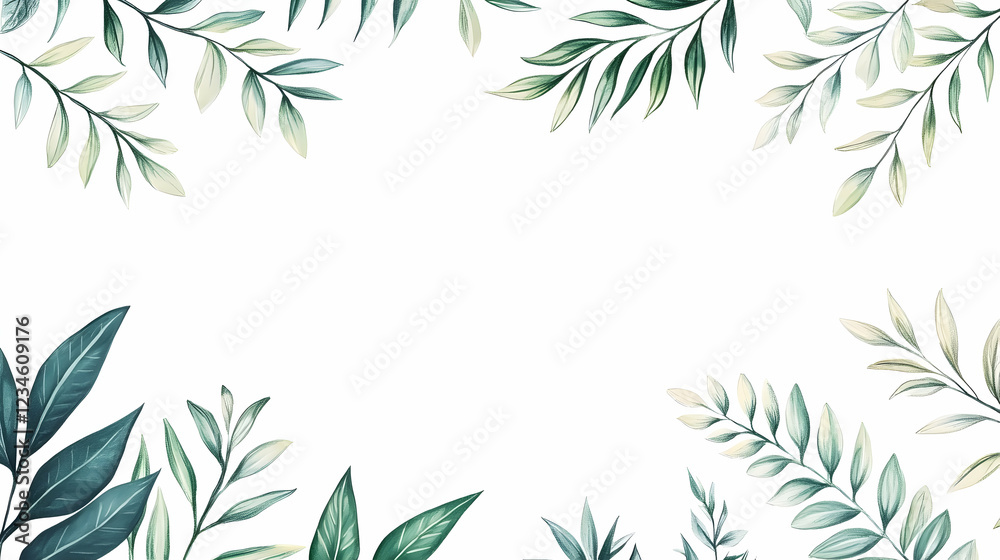 Obraz premium Green leaves frame, white background, nature design, invitation template
