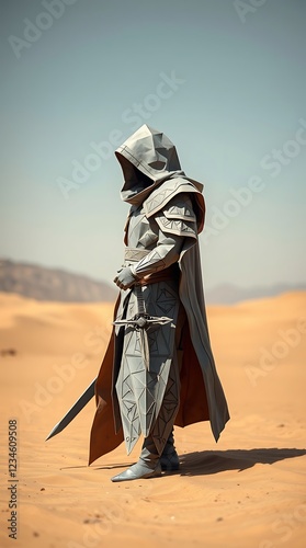 Geometric armored figure stands alone in desert landscape.

