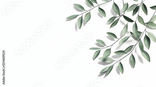 Greenery corner border, leaves shadow, white background, nature design, website banner
