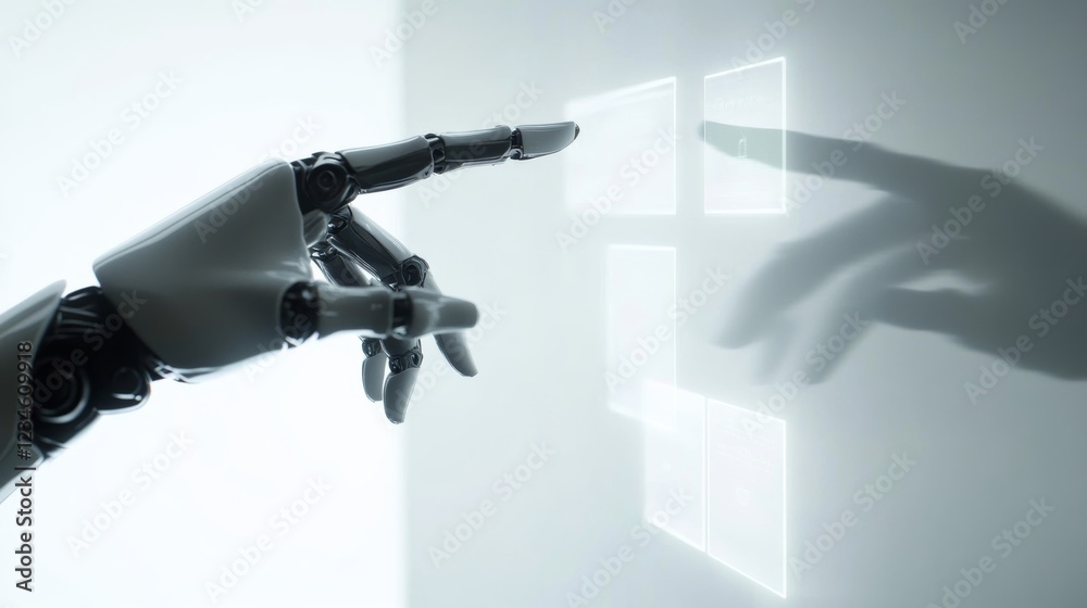 Fototapeta premium Robotic Hand Interacting with a Futuristic Transparent Touchscreen Interface