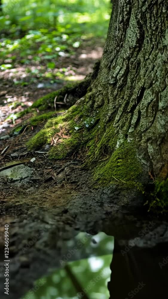 Detailed view of moss-covered tree trunk in a serene forest setting during daylight hours Detailed view of moss-covered tree trunk in a serene forest setting during daylight hours