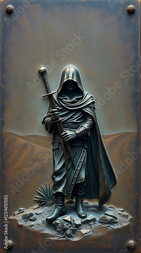 Bronze relief of a cloaked warrior holding a sword.

