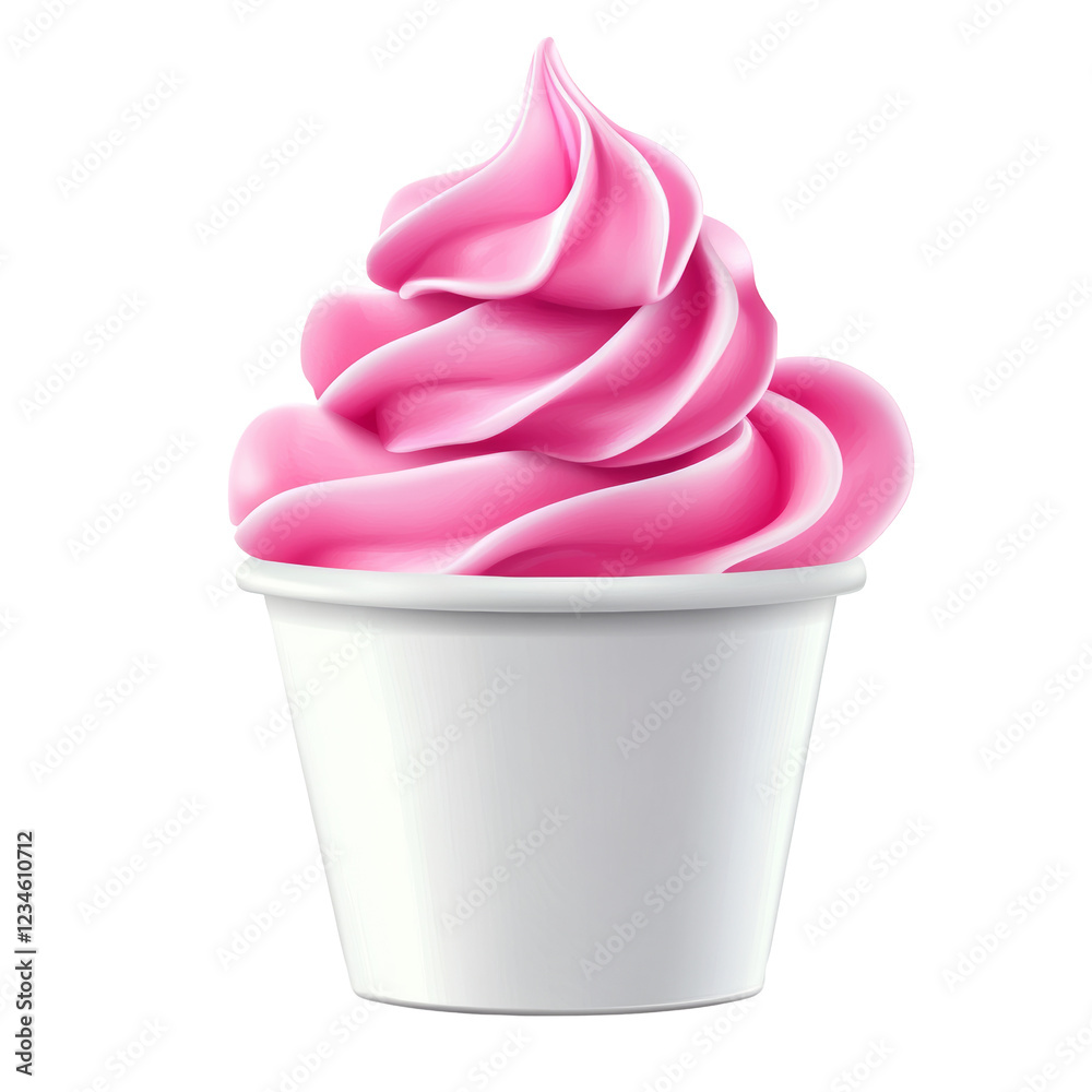 Soft serve frozen yogurt served in a white cup with a creamy swirl of pink color and a transparent background Soft serve frozen yogurt served in a white cup with a creamy swirl of pink color and a transparent background