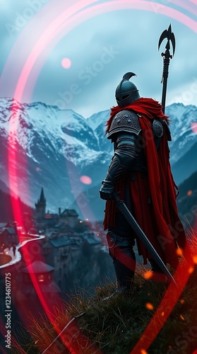 A knight in armor overlooks a snowy mountain village.

