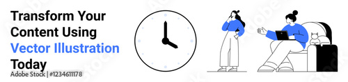 Clock symbolizes time management, while individuals brainstorm, discuss ideas, and work on a laptop. Ideal for teamwork, creativity, productivity, remote work, time organization collaboration tools
