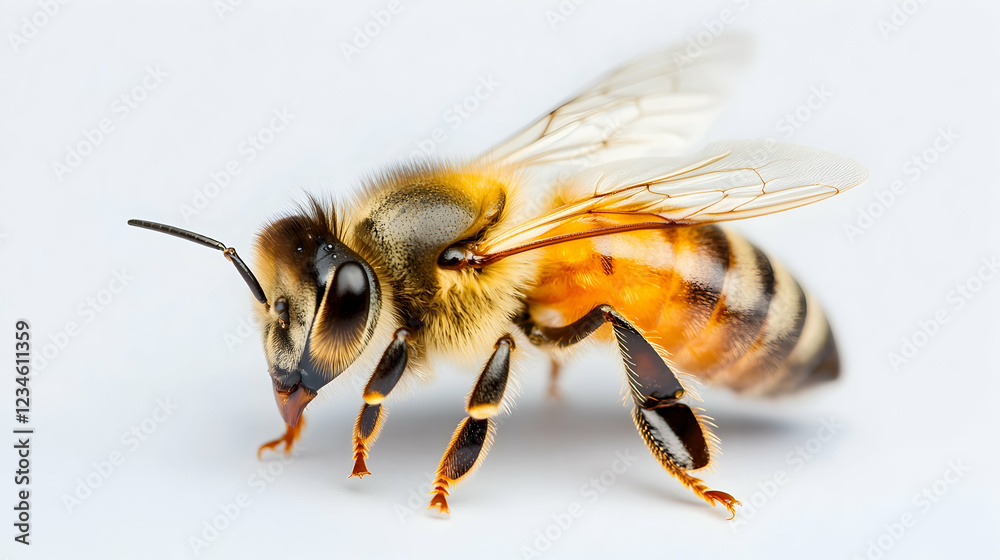 Honeybee close-up, studio shot, white background, insect detail, nature photography, educational use Honeybee close-up, studio shot, white background, insect detail, nature photography, educational use
