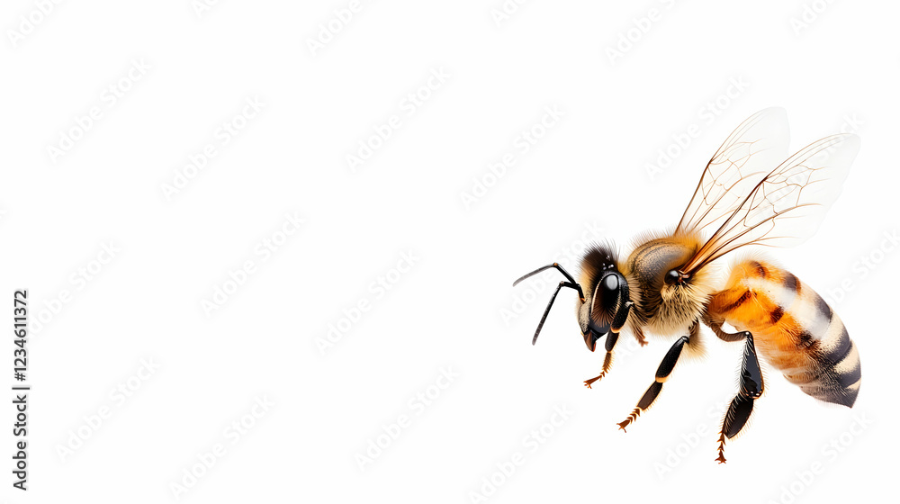 Honeybee in flight, isolated on white background; ideal for nature, science, or educational projects Honeybee in flight, isolated on white background; ideal for nature, science, or educational projects