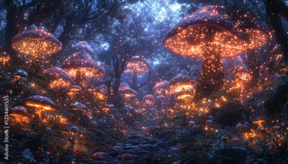Fototapeta premium Glowing Mushrooms Illuminate Enchanted Forest Path