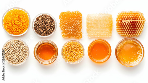 Honeycomb, honey, pollen, bee products, white background, food photography, healthy ingredients photo