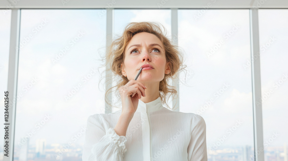 Smart Woman Thinking with a Smile. Contemplative woman in office thinking with pen, looking out of window. Smart Woman Thinking with a Smile. Contemplative woman in office thinking with pen, looking out of window.
