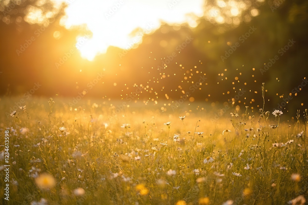 Obraz premium family enjoying sunset picnic in blooming wildflower meadow, candid moment of joy with soft golden backlight and bokeh effect