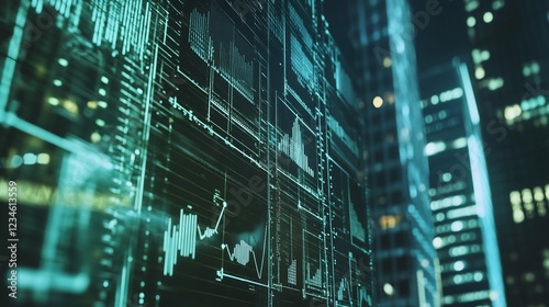 Futuristic data analysis interface overlaying a night cityscape in a teal hue