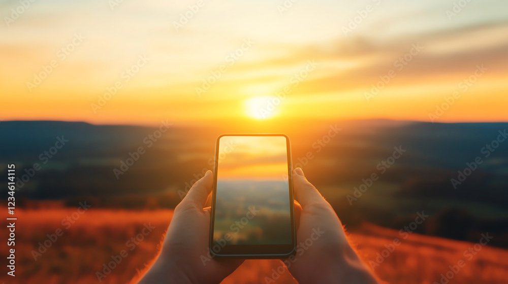 Fototapeta premium Person capturing vibrant sunset with smartphone, highlighting the blend of technology and nature.
