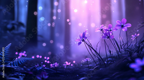 Magical purple flowers glowing in a mystical forest at night, perfect for fantasy or fairytale backgrounds photo