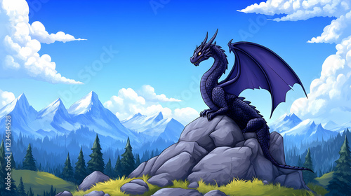 Majestic dragon perched on a mountain peak overlooking a vast landscape, ideal for fantasy or children's book illustrations