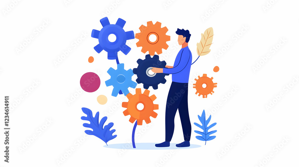 Man fixing gears, teamwork, office background, process improvement, website illustration