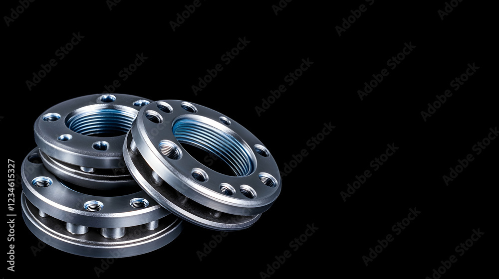 Metal flange nuts on black background; industrial parts for machinery; website, catalog use Metal flange nuts on black background; industrial parts for machinery; website, catalog use