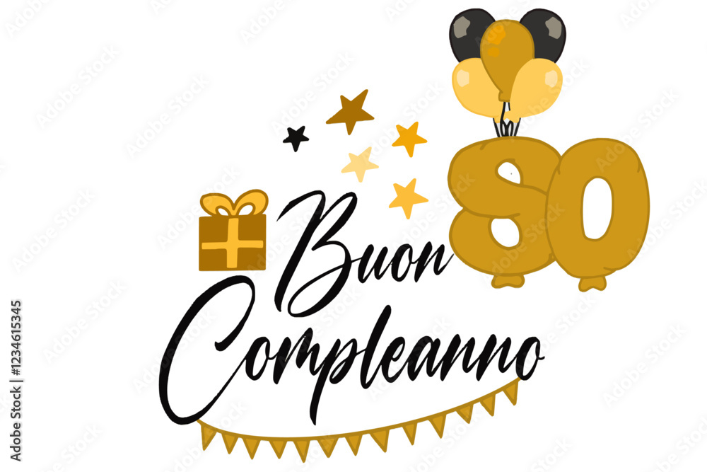 Fototapeta premium vettoriale testo di buon compleanno con palloncini regalo e numero 80
