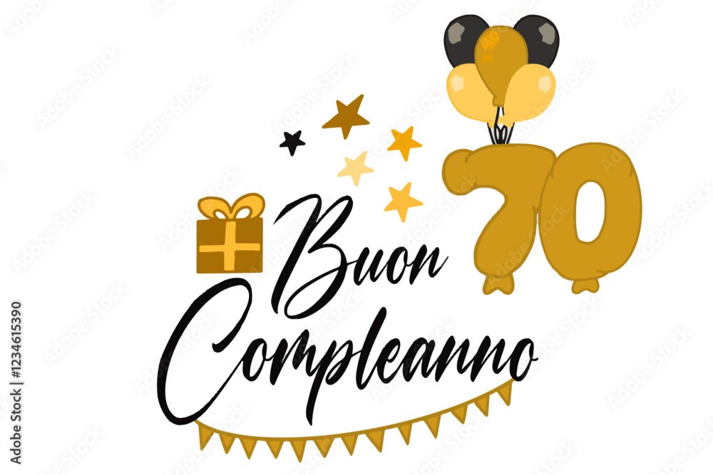 Fototapeta premium vettoriale testo di buon compleanno con palloncini regalo e numero 70