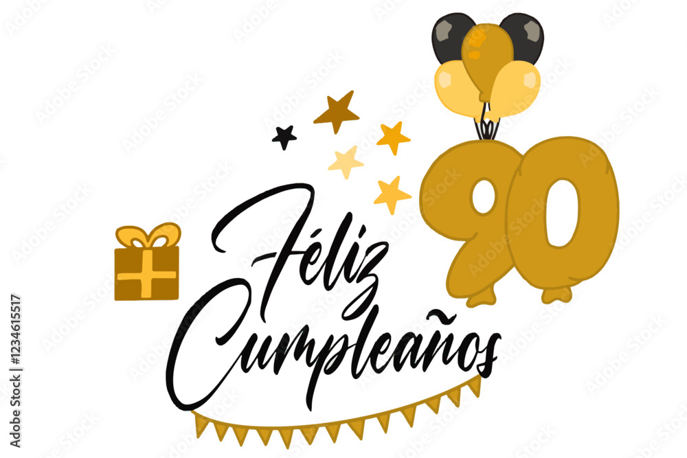vector de texto feliz cumpleaños con globo y regalos y el número 90