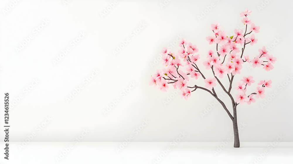 Obraz premium Minimalist pink cherry blossom tree against white wall; spring, serenity, nature; website banner