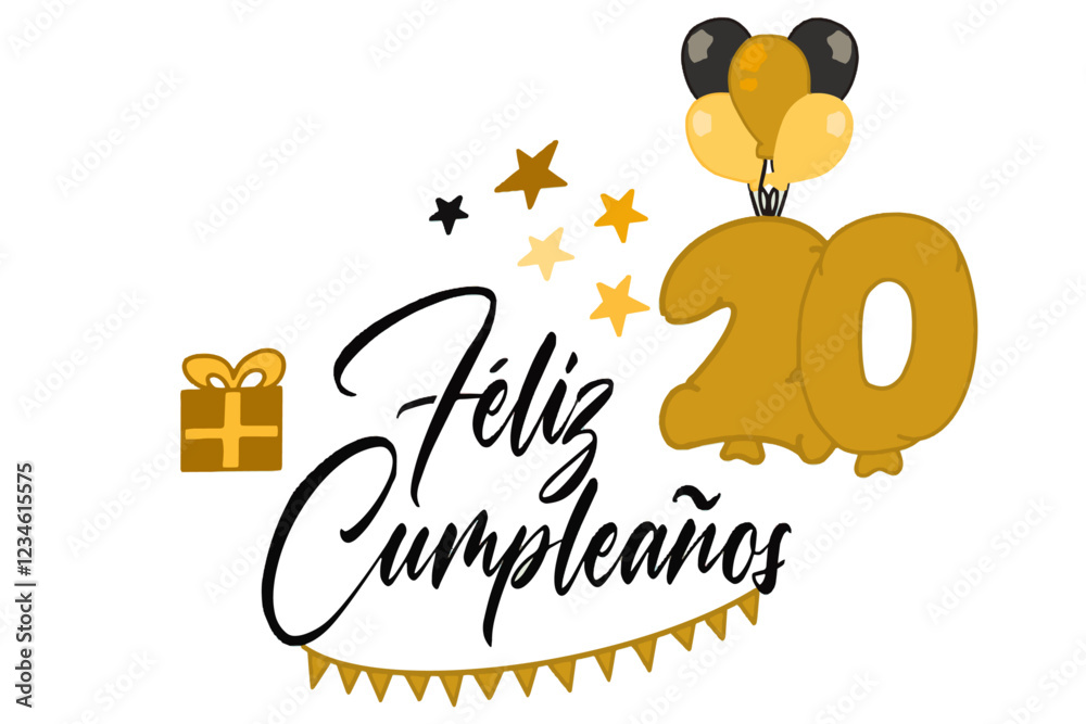 vector de texto feliz cumpleaños con globo y regalos y el número 20