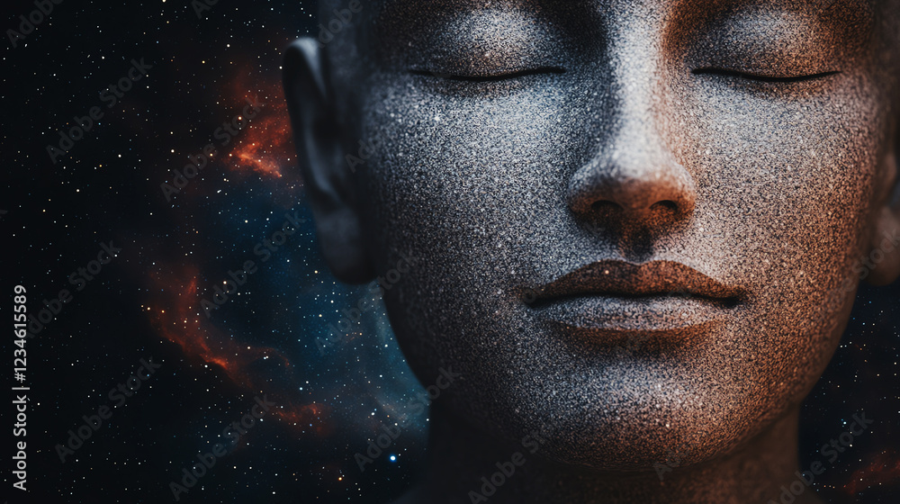 Cosmic face with serene expression, symbolizing mind exploration and cosmic connection in starry universe. Cosmic face with serene expression, symbolizing mind exploration and cosmic connection in starry universe.