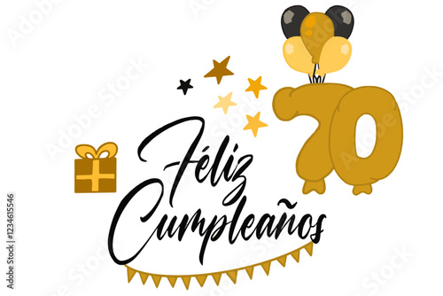 vector de texto feliz cumpleaños con globo y regalos y el número 70