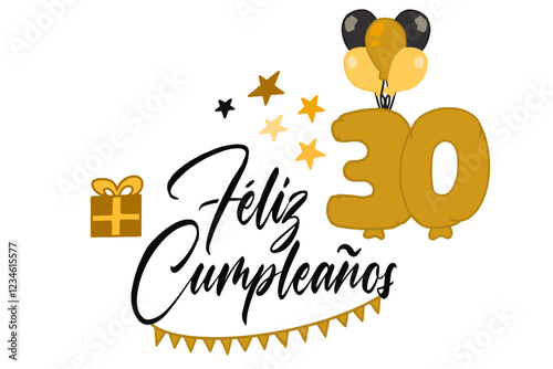 vector de texto feliz cumpleaños con globo y regalos y el número 30