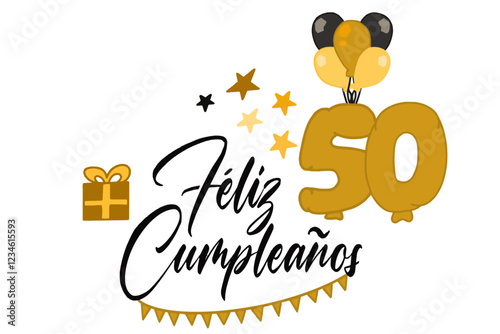 vector de texto feliz cumpleaños con globo y regalos y el número 50