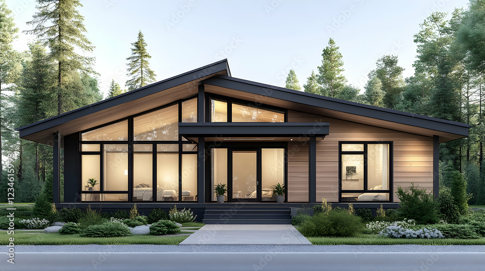 Fototapeta premium Modern house design, forest setting, evening light, architectural visualization, real estate marketing