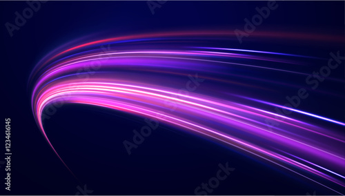 Creative vector illustration of flying cosmic meteor, planetoid, comet, fireball isolated on transparent background. Effect, png, wave,neon,line. Light arc in neon colors, in the form of a turn.