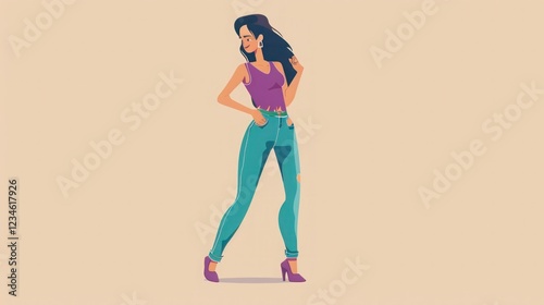 Energetic woman in teal jeans and a purple top presenting on a beige background.