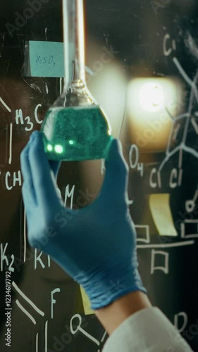 Gloved hand gently cradles a flask filled with vibrant blue liquid, surrounded by chalkboard formulas in a dynamic laboratory. Focused atmosphere emphasizes scientific discovery and experimentation