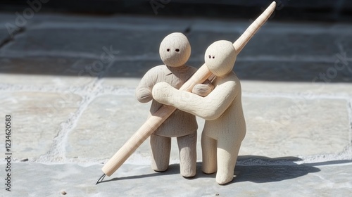 One friend helping another. Collaboration. Two wooden figures carrying a large object like a bradawl. Concept of mutual aid, mutual support. Give-and-take