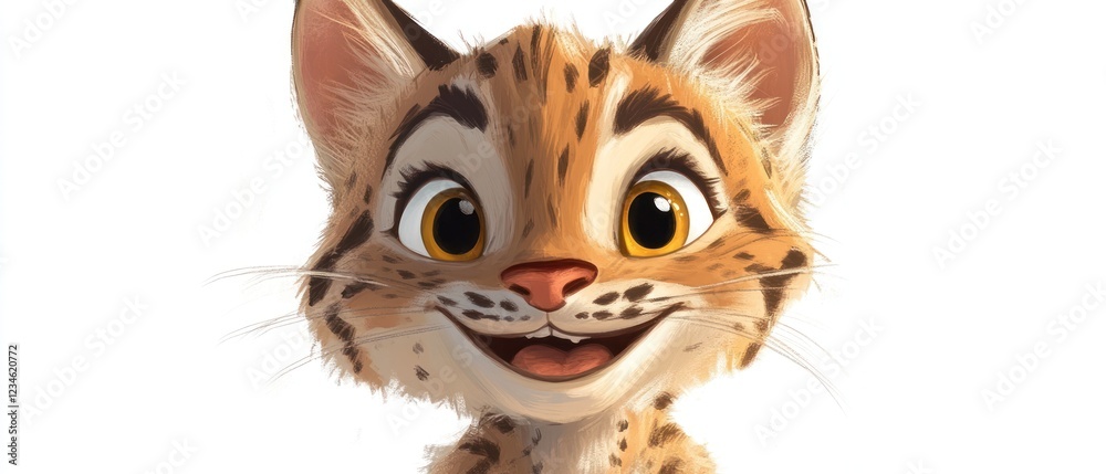 Fototapeta premium Cute bobcat kitten smiles; white background; children's book