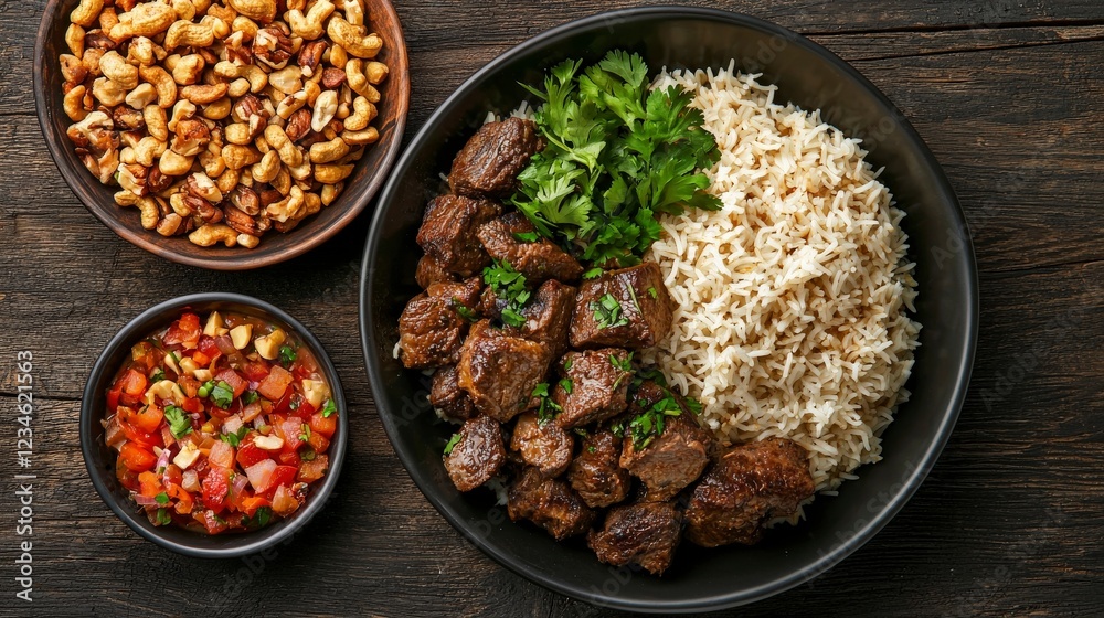 Delicious Plate of Grilled Beef with Fragrant Rice, Fresh Salsa, and Crunchy Nuts on Rustic Wooden Table Delicious Plate of Grilled Beef with Fragrant Rice, Fresh Salsa, and Crunchy Nuts on Rustic Wooden Table
