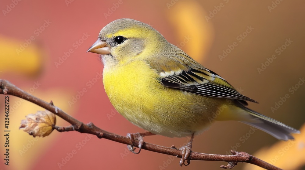 Obraz premium Vibrant Yellow Bird Perched on Branch Amidst Autumn Colors