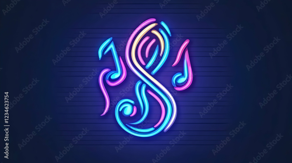 Obraz premium Neon music notes sign, night, wall, vibrant colors, music event promotion