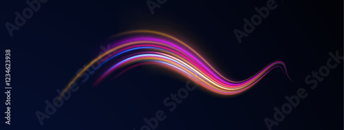 Creative vector illustration of flying cosmic meteor, planetoid, comet, fireball isolated on transparent background. Effect, png, wave,neon,line. Light arc in neon colors, in the form of a turn.