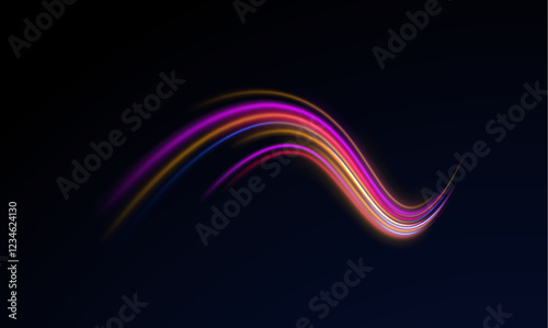Creative vector illustration of flying cosmic meteor, planetoid, comet, fireball isolated on transparent background. Effect, png, wave,neon,line. Light arc in neon colors, in the form of a turn.