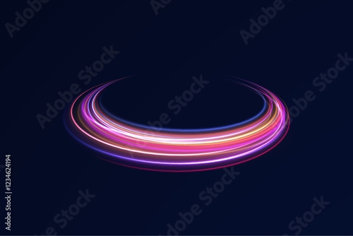 Creative vector illustration of flying cosmic meteor, planetoid, comet, fireball isolated on transparent background. Effect, png, wave,neon,line. Light arc in neon colors, in the form of a turn.