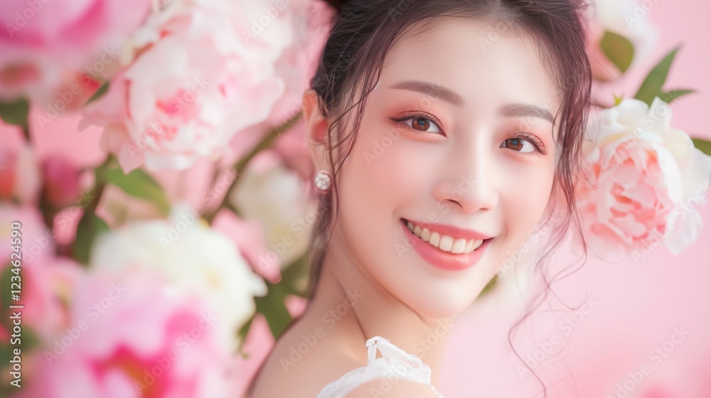 bright eyed Asian woman looking at the camera amid blooming pink peonies against pastel background smiling copyspace concept of beauty, wedding, floral design bright eyed Asian woman looking at the camera amid blooming pink peonies against pastel background smiling copyspace concept of beauty, wedding, floral design