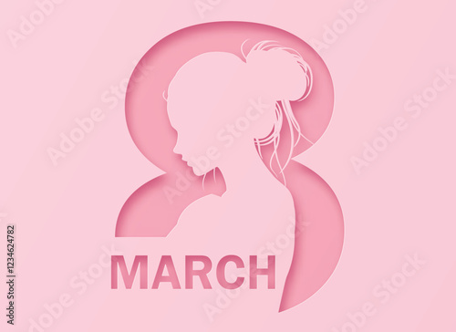 International Women's Day concept with ponytail woman in number 8 papercut