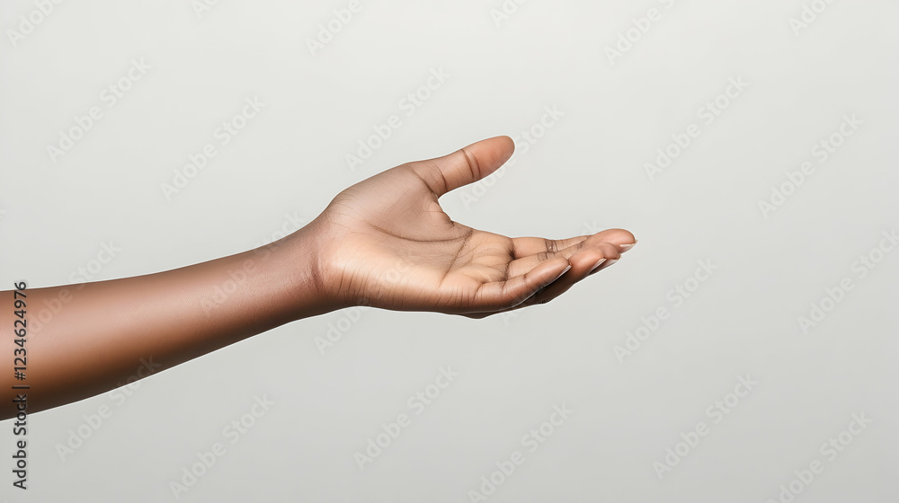 Open hand, dark skin, offering, plain background, product placement Open hand, dark skin, offering, plain background, product placement