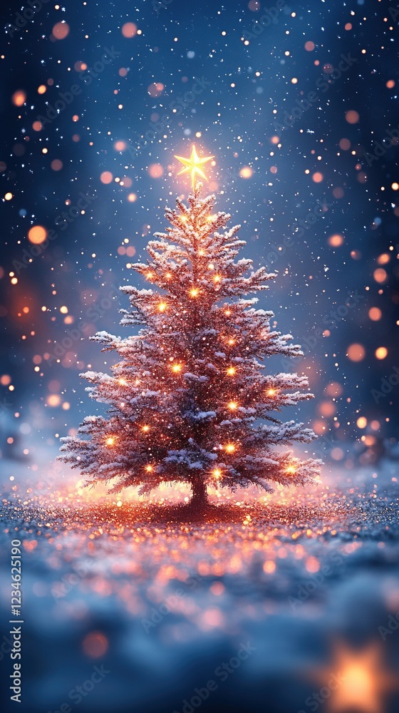 Fototapeta premium Christmas tree with star, snow falling, glowing orbs, background for card
