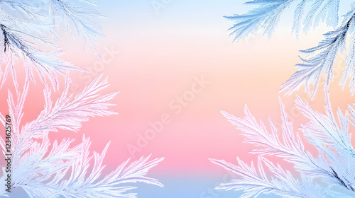Pastel frost plants frame, sunrise background, winter design, website banner