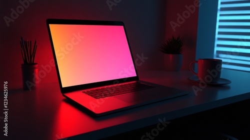 Laptop with a colorful screen, coffee cup, and pencils on a desk in a red and blue lit room