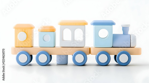 Pastel wooden toy train on white background; child's play;  early childhood development; educational toy photo